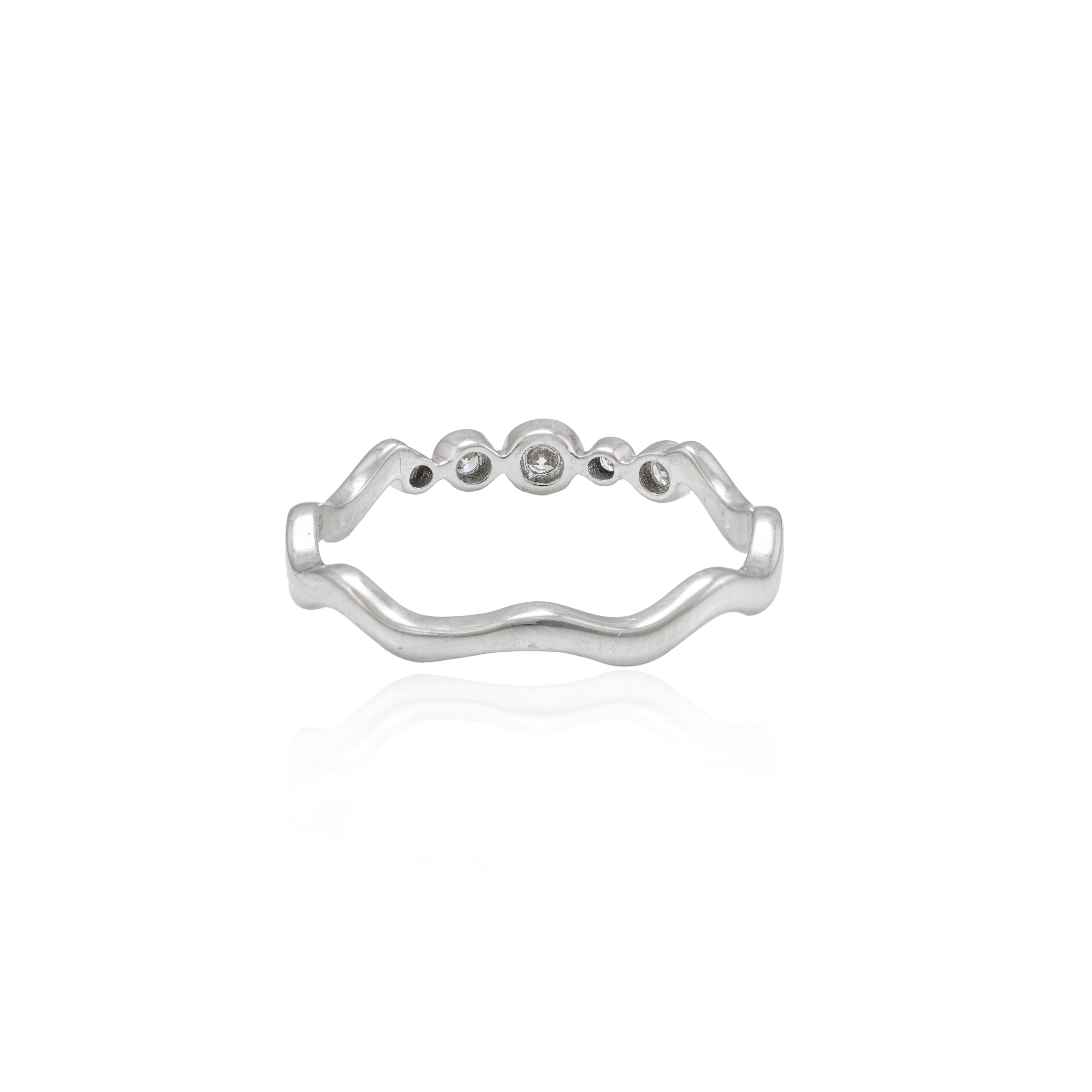 For Sale:  18k Solid White Gold 0.19 CTW Fine Diamond Wave Band Stacking Ring 5