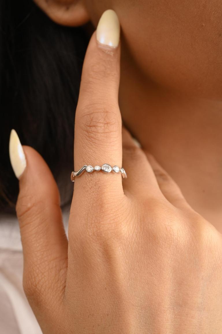 For Sale:  18k Solid White Gold 0.19 CTW Fine Diamond Wave Band Stacking Ring 8