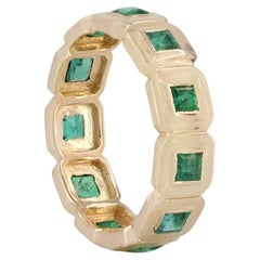 Genuine Emearld Gemstone Band Ring Solid 14k Yellow Gold Jewelry Eternity Ring