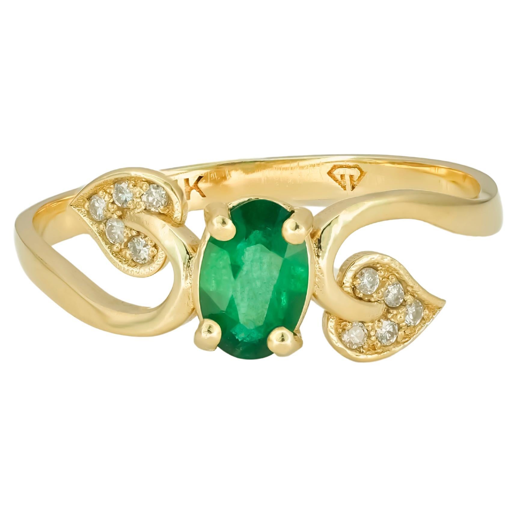 Genuine Emerald 14k Gold Ring, Emerald Engagement Ring For Sale