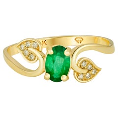 Esmeralda auténtica Anillo de oro de 14k, Anillo de compromiso con esmeralda