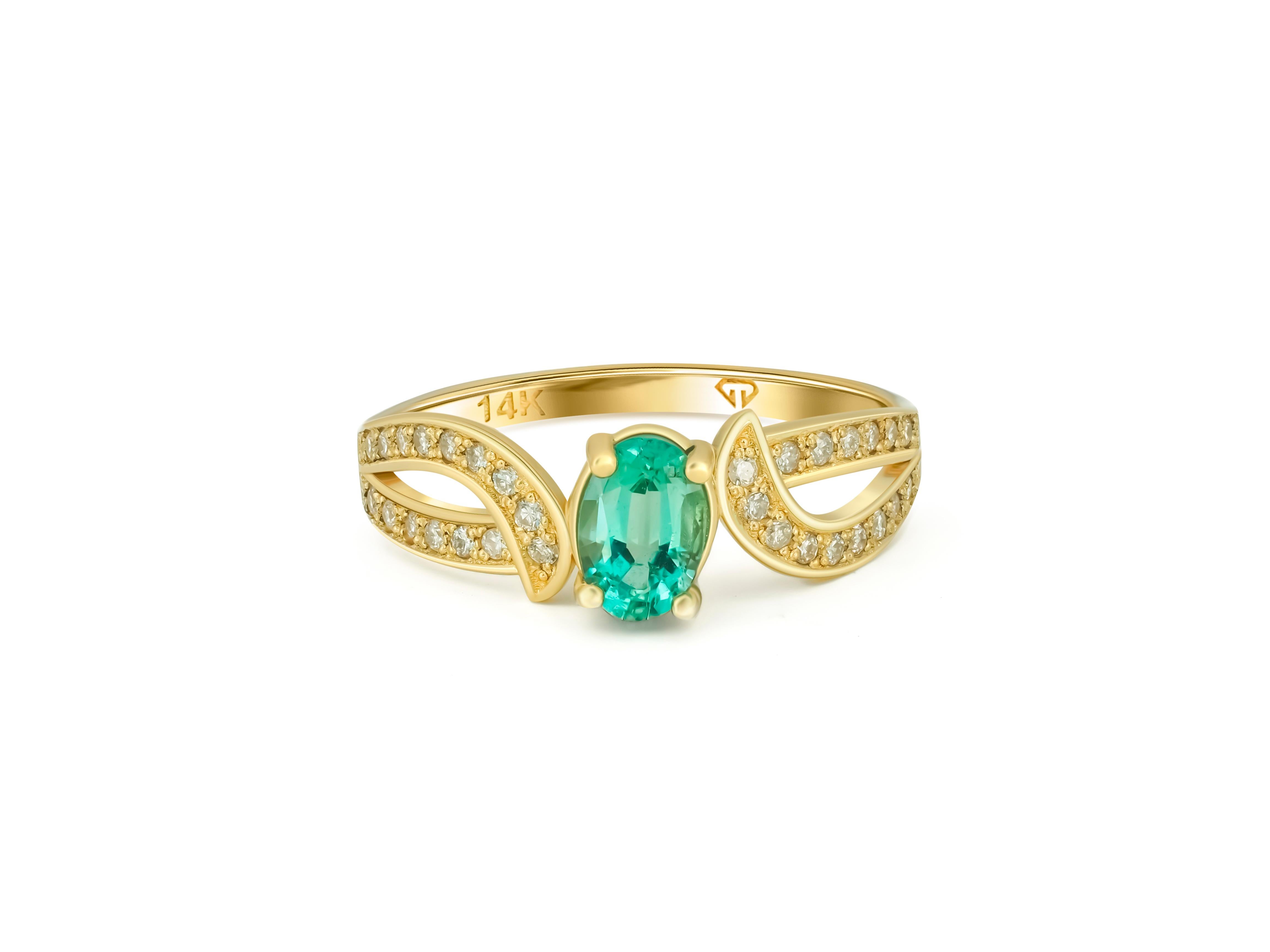 Genuine emerald 14k gold ring. 
Emerald engagement ring. Emerald vintage ring. Emerald gold ring. May birthstone ring. Oval emerald ring.

Metal: 14kt solid gold
Total weight: 2 gr (depends from size).

Central gemstone: natural emerald
Color: vivid