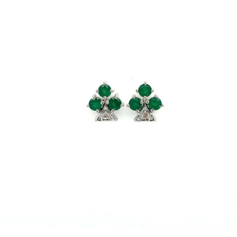 Art Deco Genuine Emerald Diamond Clubs Sign Stud Earrings 925 Sterling Silver For Sale