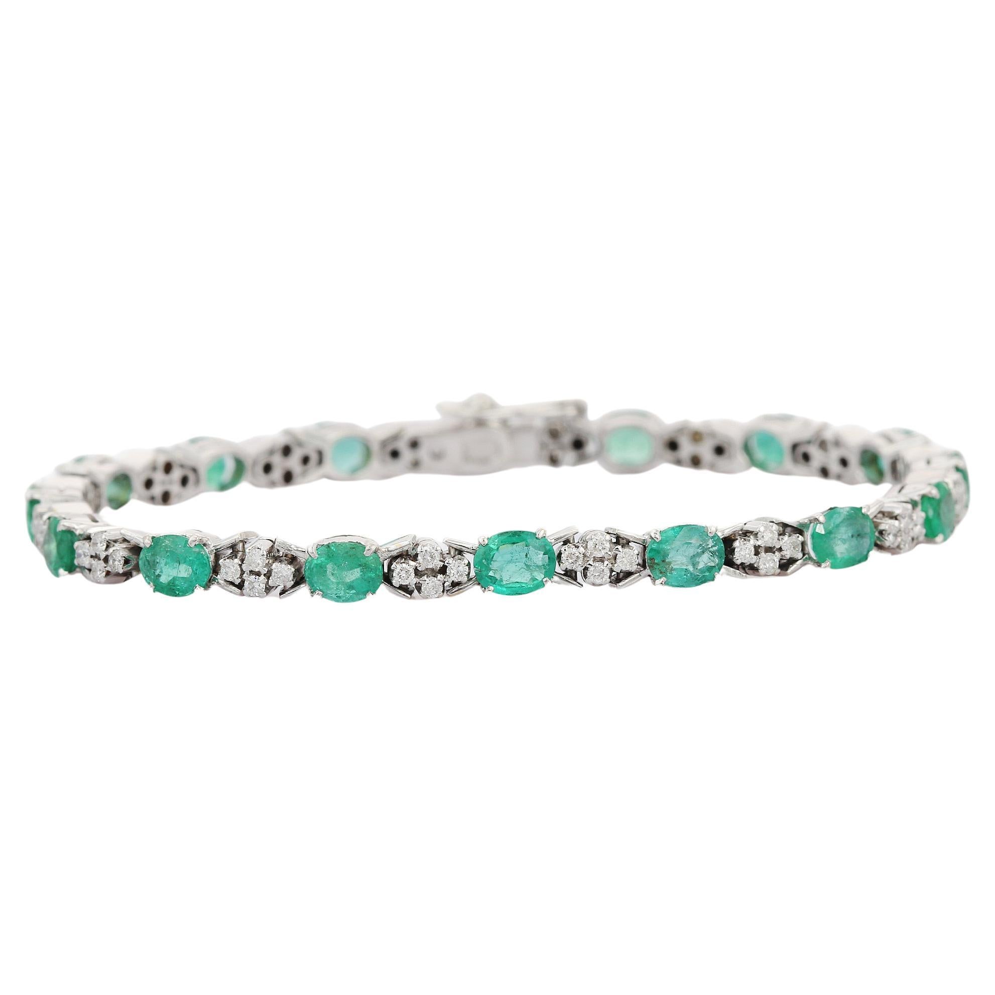 Genuine Emerald and Diamond Wedding Bracelet Jewelry in 18K White Gold For Sale