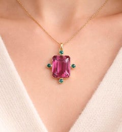 Genuine Emerald and Pink Topaz 14K Yellow Gold Pendant