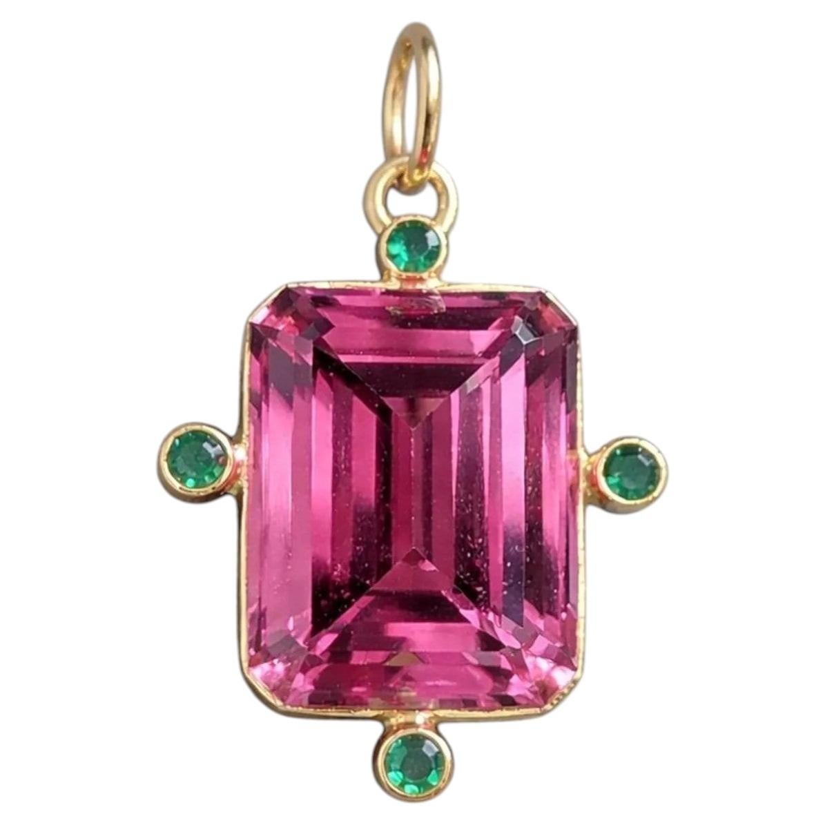 Genuine Emerald and Pink Topaz 14K Yellow Gold Pendant