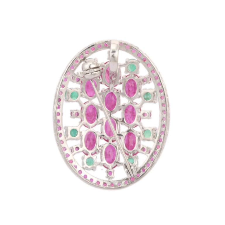 Art Deco Emerald Ruby Studded Big Oval Shape Sterling Silver Brooch For Sale