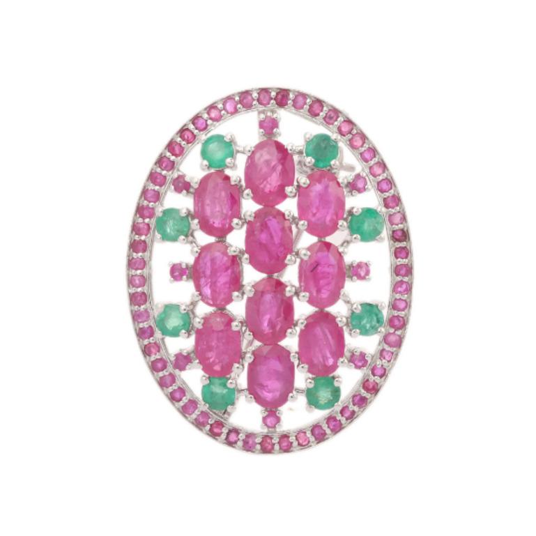 Mixed Cut Emerald Ruby Studded Big Oval Shape Sterling Silver Brooch For Sale