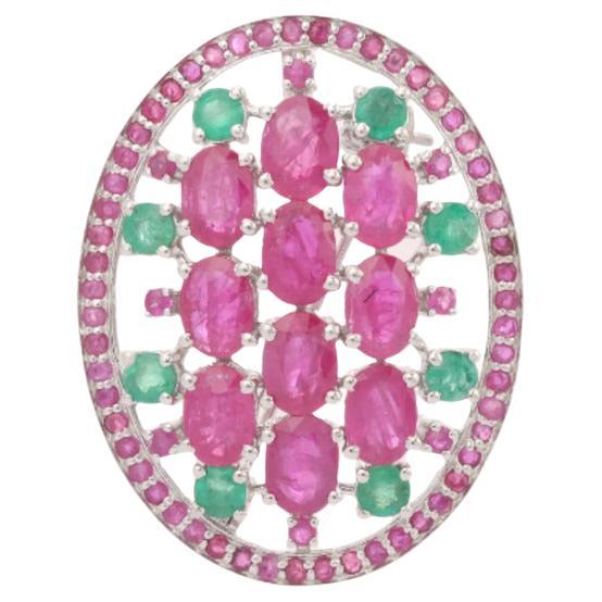 Emerald Ruby Studded Big Oval Shape Sterling Silver Brooch For Sale