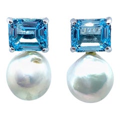 Genuine Emerald-cut Blue Topaz and White Cultured Baroque Pearl Drop Earrings