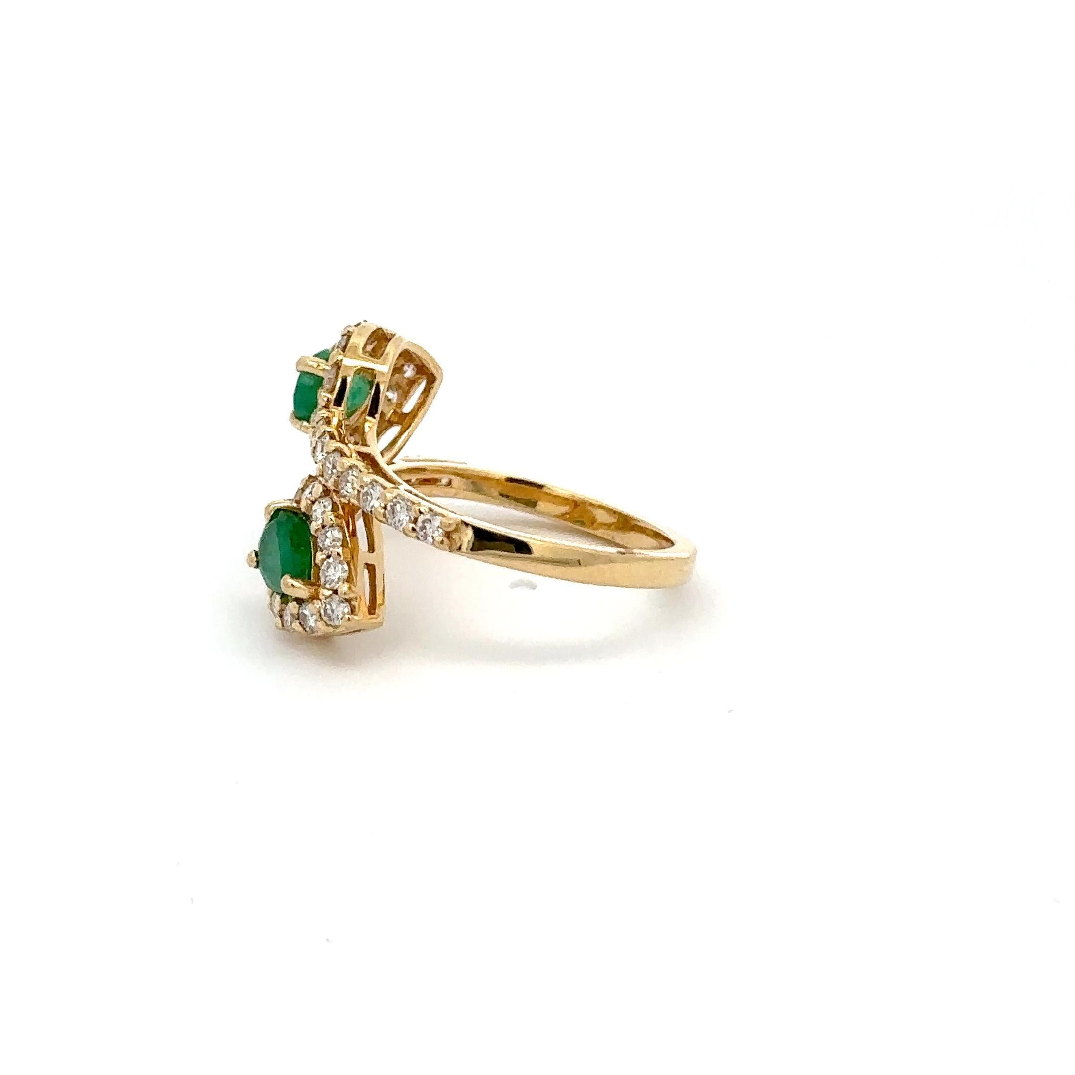 For Sale:  Natural Emerald Halo Diamond Bypass Ring in 18kt Solid Yellow Gold 2