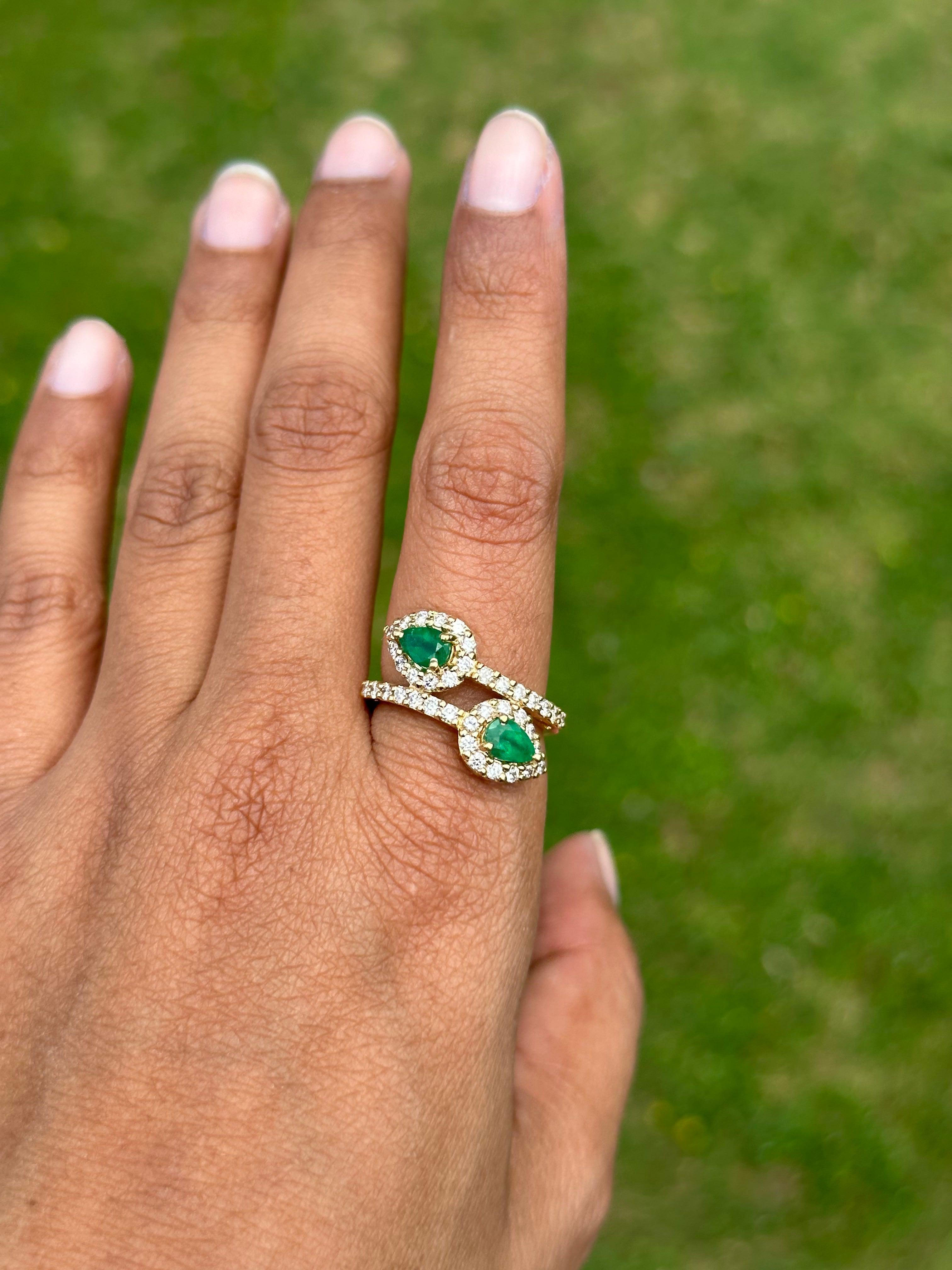 For Sale:  Natural Emerald Halo Diamond Bypass Ring in 18kt Solid Yellow Gold 3