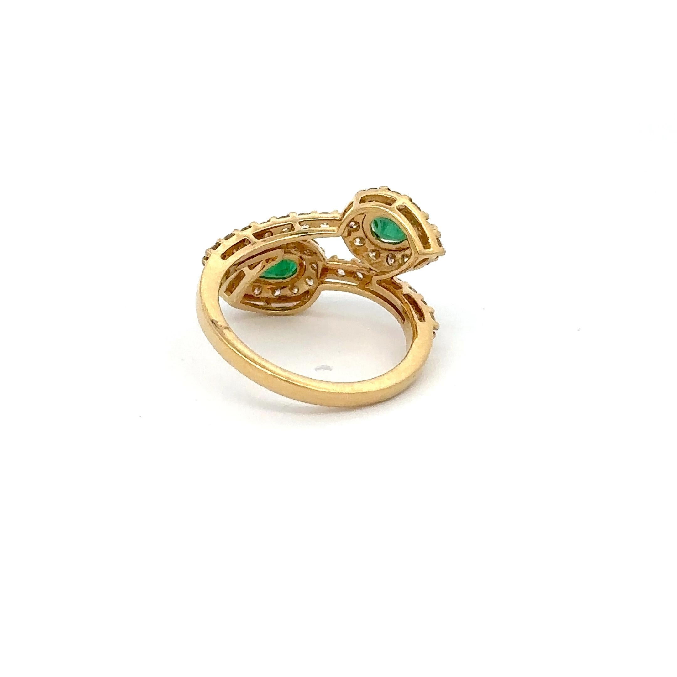 For Sale:  Natural Emerald Halo Diamond Bypass Ring in 18kt Solid Yellow Gold 4