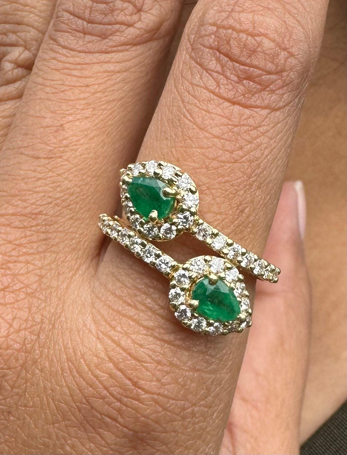 For Sale:  Natural Emerald Halo Diamond Bypass Ring in 18kt Solid Yellow Gold 5
