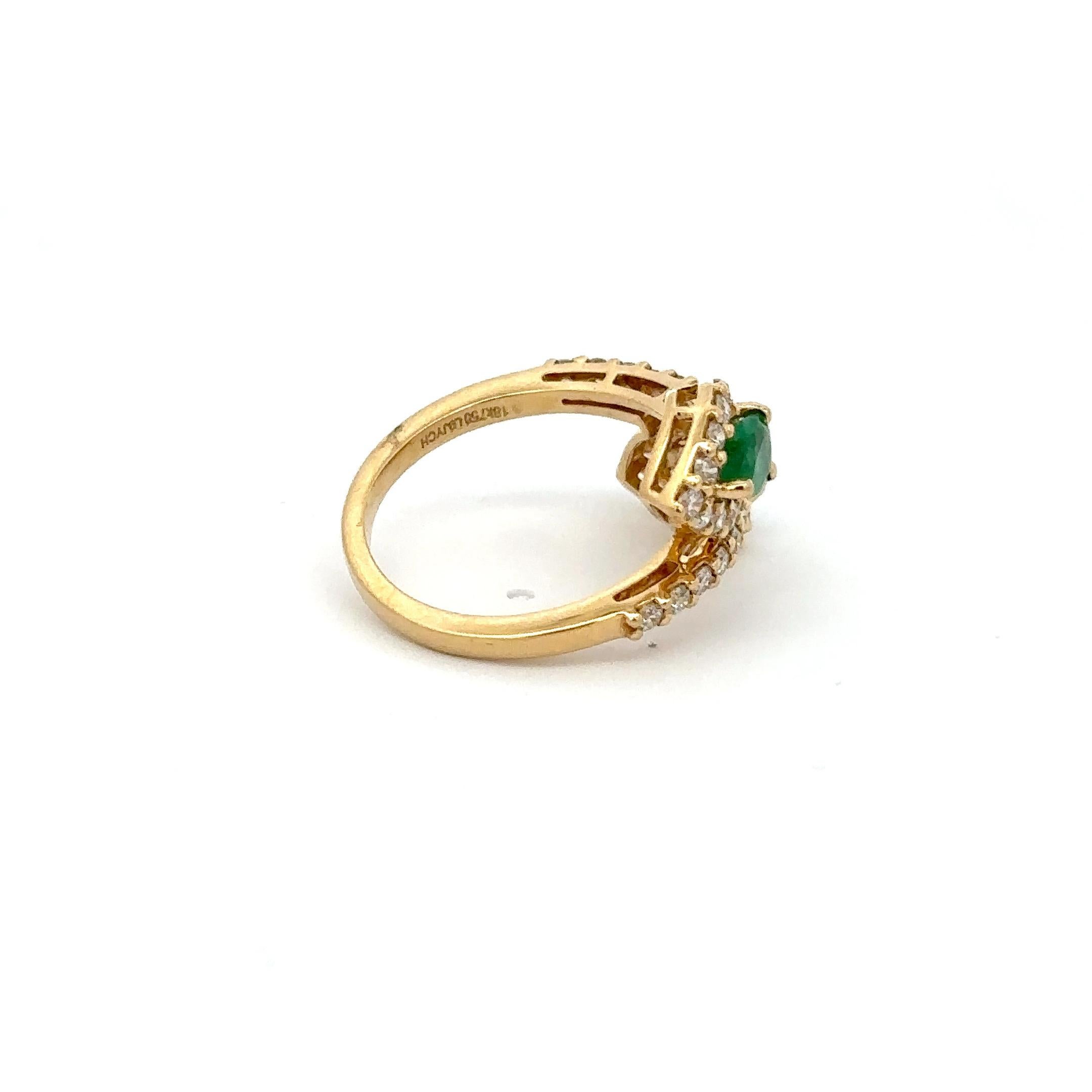 For Sale:  Natural Emerald Halo Diamond Bypass Ring in 18kt Solid Yellow Gold 6