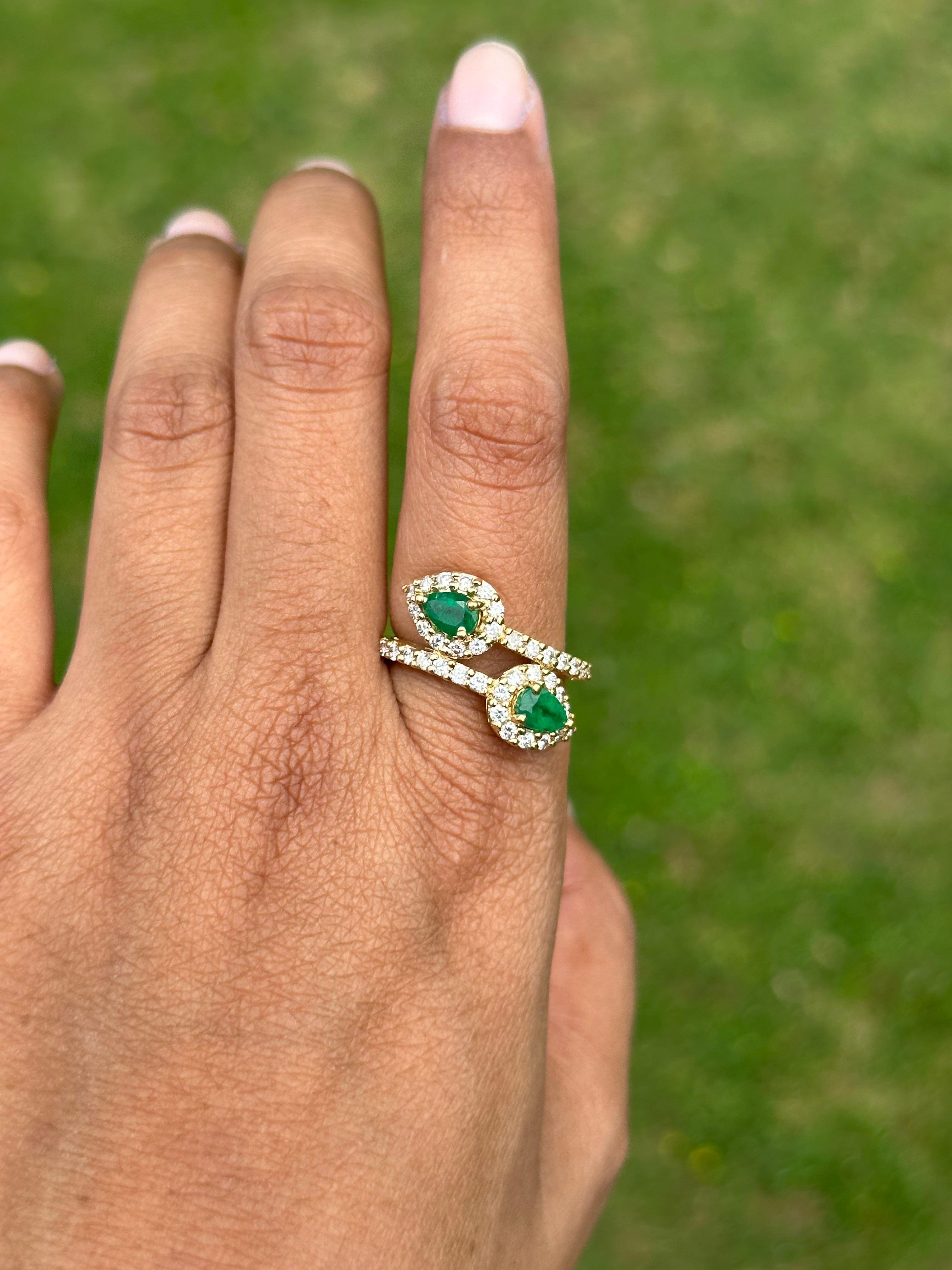For Sale:  Natural Emerald Halo Diamond Bypass Ring in 18kt Solid Yellow Gold 7