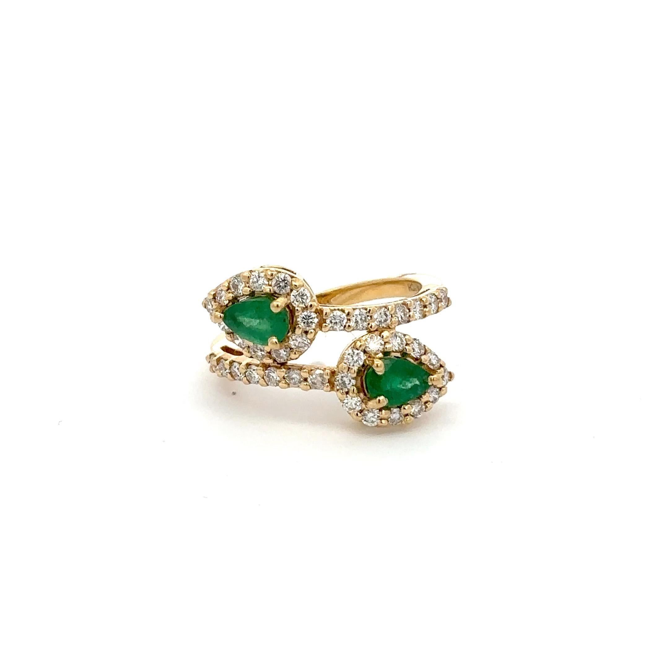For Sale:  Natural Emerald Halo Diamond Bypass Ring in 18kt Solid Yellow Gold 8