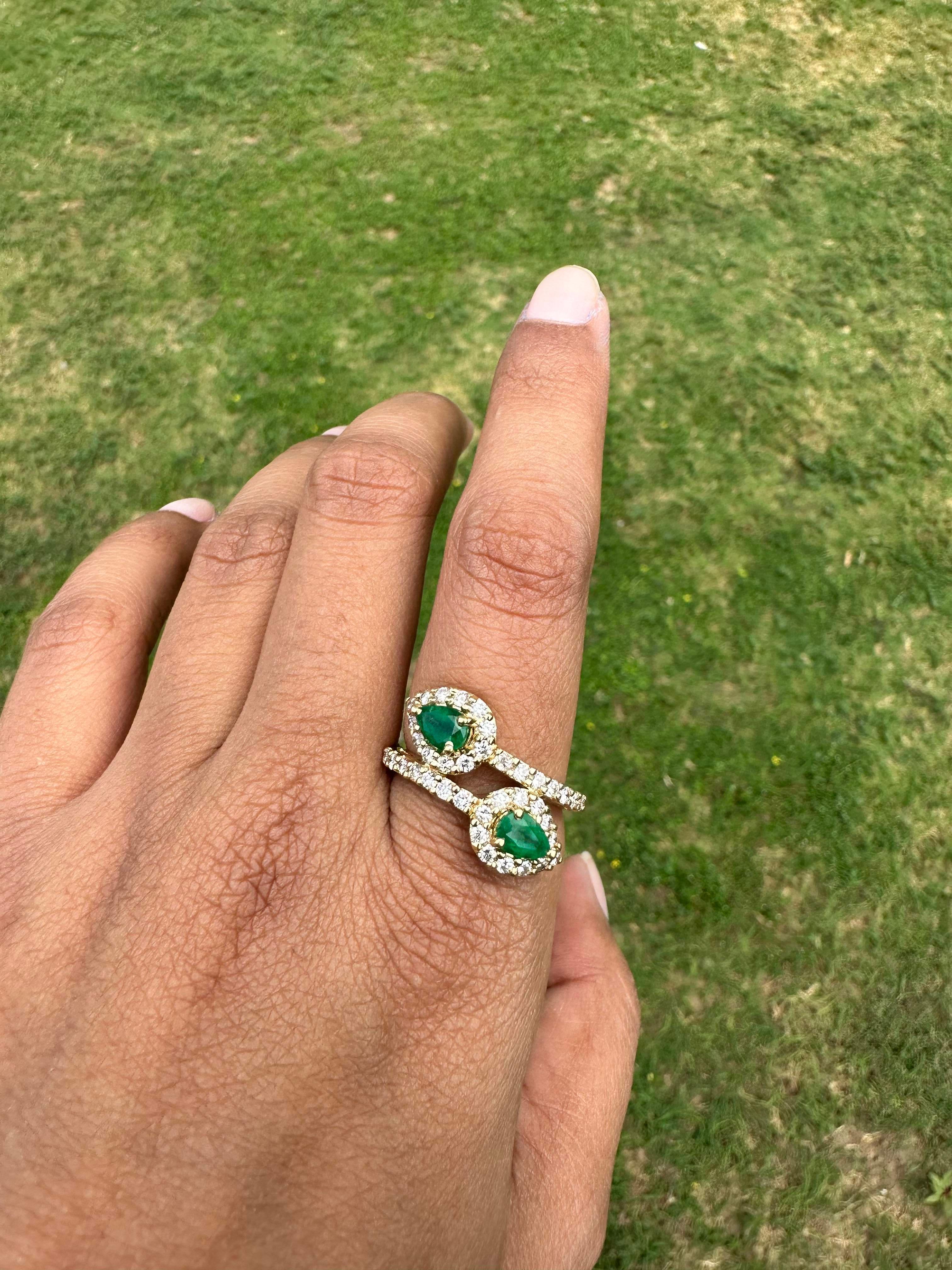 For Sale:  Natural Emerald Halo Diamond Bypass Ring in 18kt Solid Yellow Gold 9