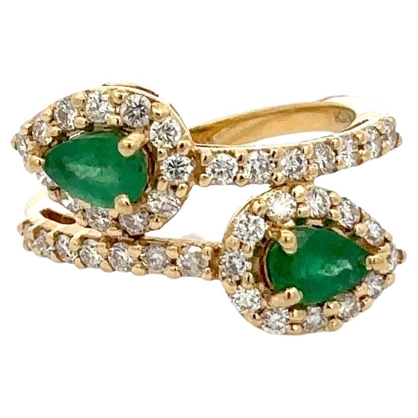 For Sale:  Natural Emerald Halo Diamond Bypass Ring in 18kt Solid Yellow Gold
