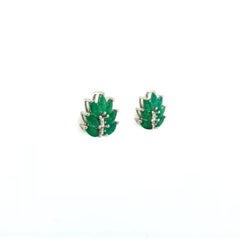 Genuine Emerald Diamond Leaf Stud Earrings in 925 Silver Jewelry for Wife Gift