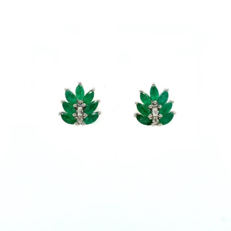 Contemporary Genuine Emerald Diamond Leaf Stud Earrings in 925 Sterling Silver For Sale