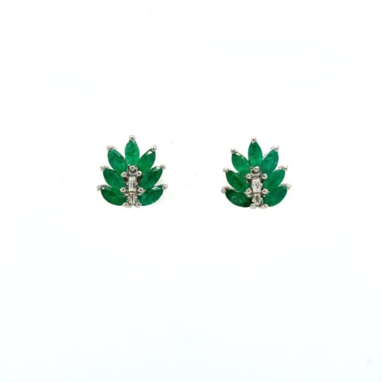 Contemporary Genuine Emerald Diamond Leaf Stud Earrings in 925 Silver Jewelry for Mom Gift For Sale