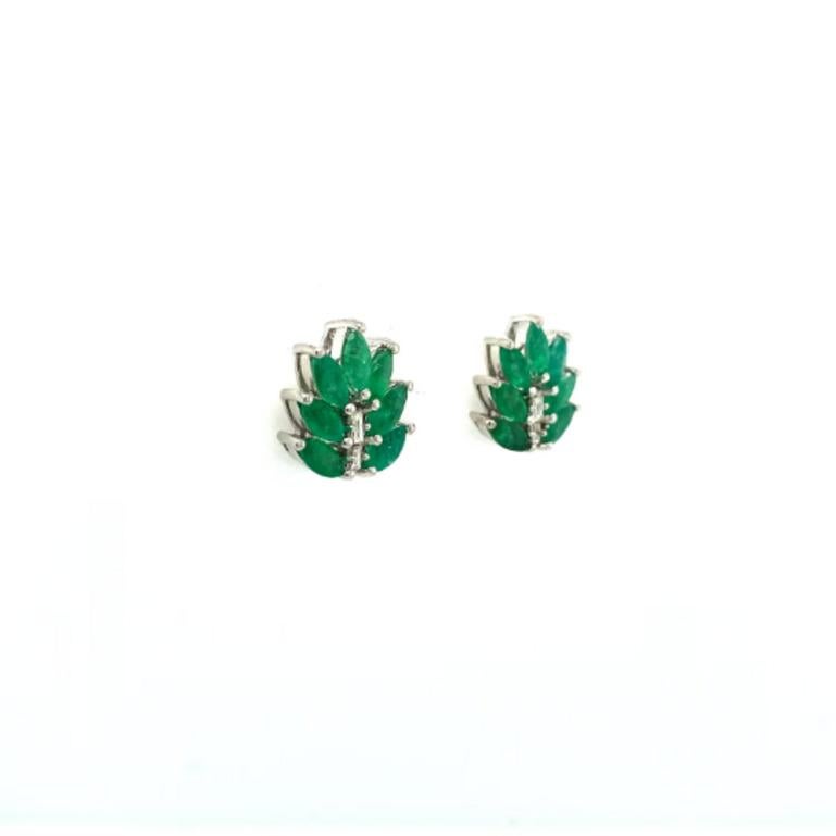 Marquise Cut Genuine Emerald Diamond Leaf Stud Earrings in 925 Sterling Silver For Sale
