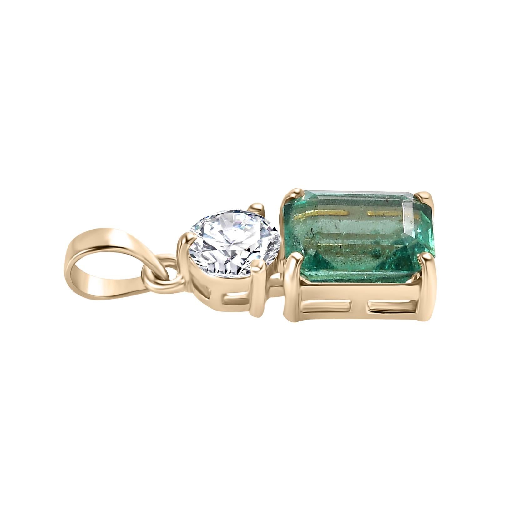 Art Deco Genuine Emerald Diamond Pendant for Mothers Day Gift in 14k Solid Yellow Gold For Sale