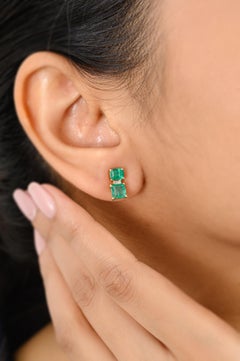 Genuine Emerald Diamond Stud Earrings for Women in 18k Solid Yellow Gold