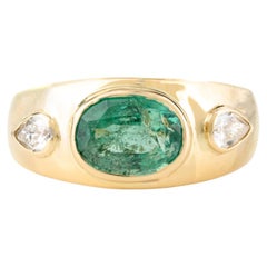 Genuine Emerald Diamond Unisex Engagement Dome Ring in 18k Yellow Gold