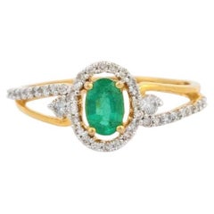 Bague de fiançailles pour femmes en or jaune massif 18 carats avec diamants et émeraude véritable