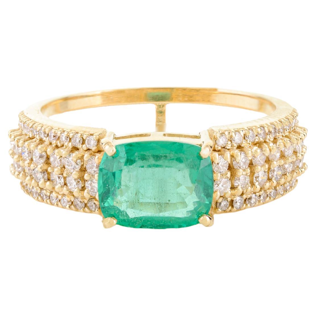 Genuine Emerald Engagement Ring for Women with Diamonds in 14k Solid Yellow Gold