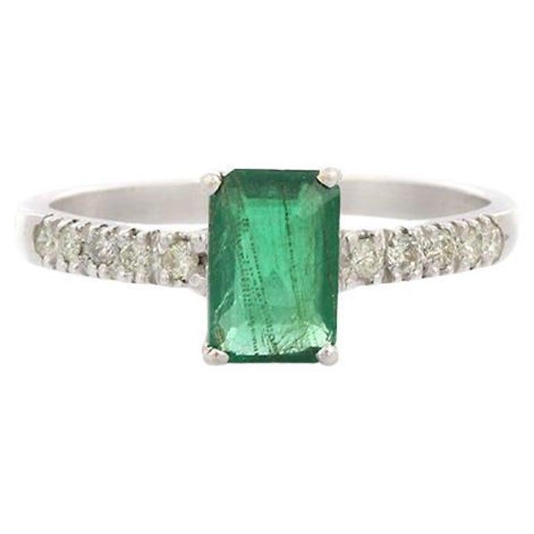 For Sale:  Genuine Emerald Engagement Ring with Diamonds in 18k Solid White Gold 12