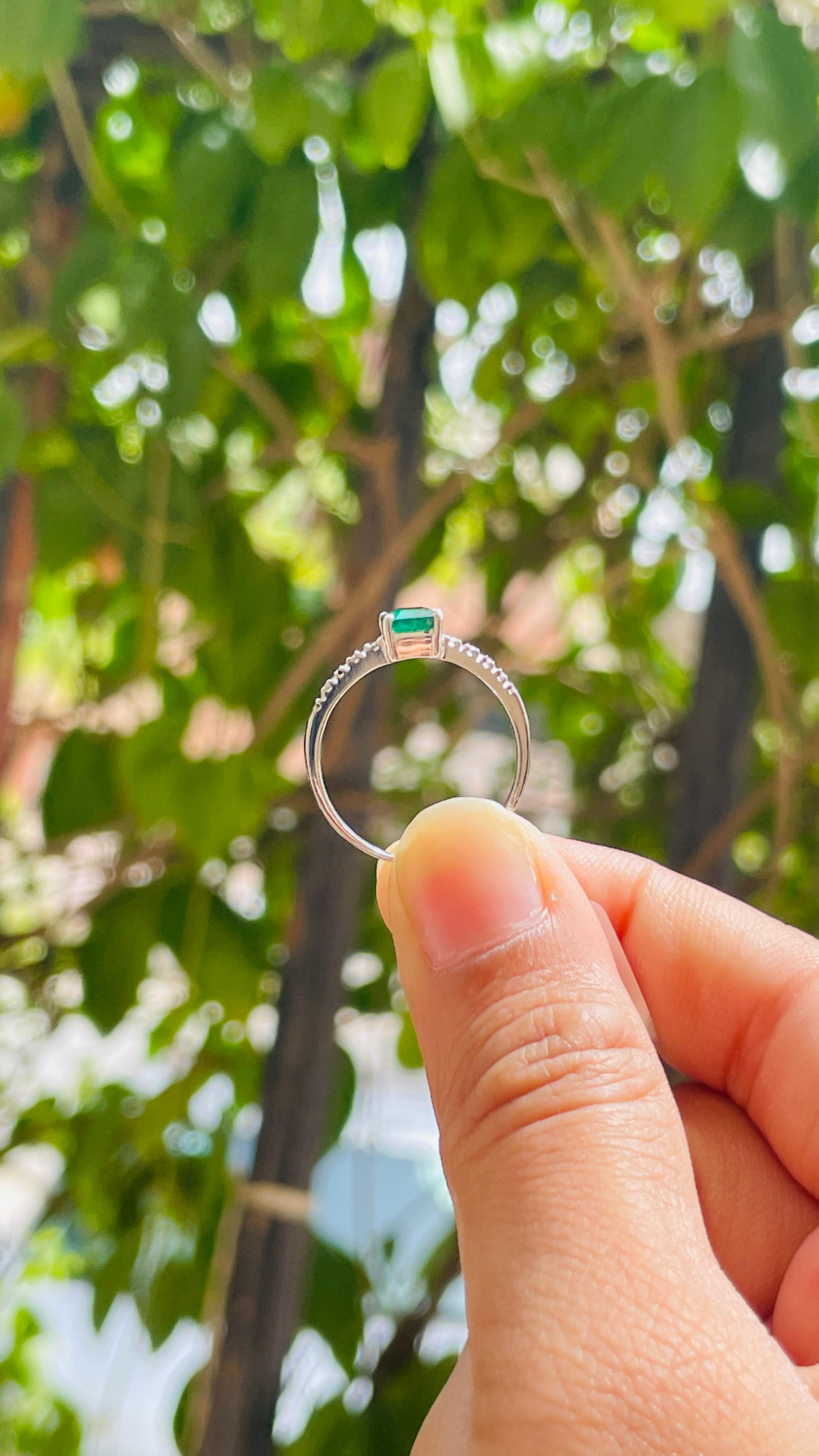 For Sale:  Genuine Emerald Engagement Ring with Diamonds in 18k Solid White Gold 13