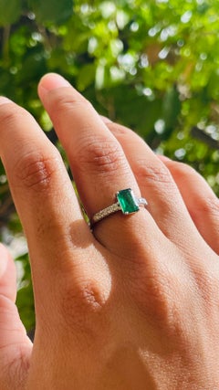 Genuine Emerald Engagement Ring with Diamonds in 18k Solid White Gold