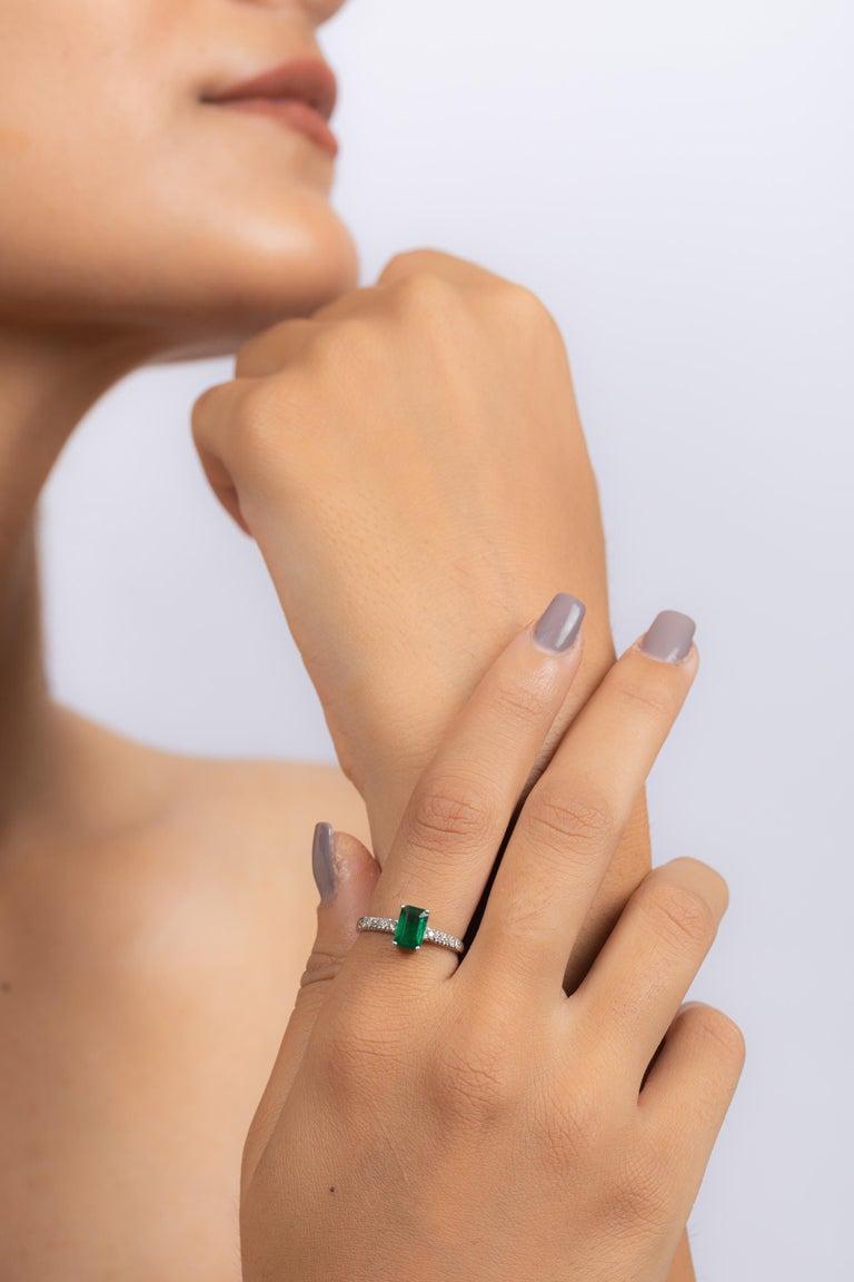 For Sale:  Genuine Emerald Engagement Ring with Diamonds in 18k Solid White Gold 9