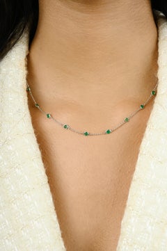 Chaîne collier station en émeraudes véritables en or blanc 14 carats, cadeau pour fille