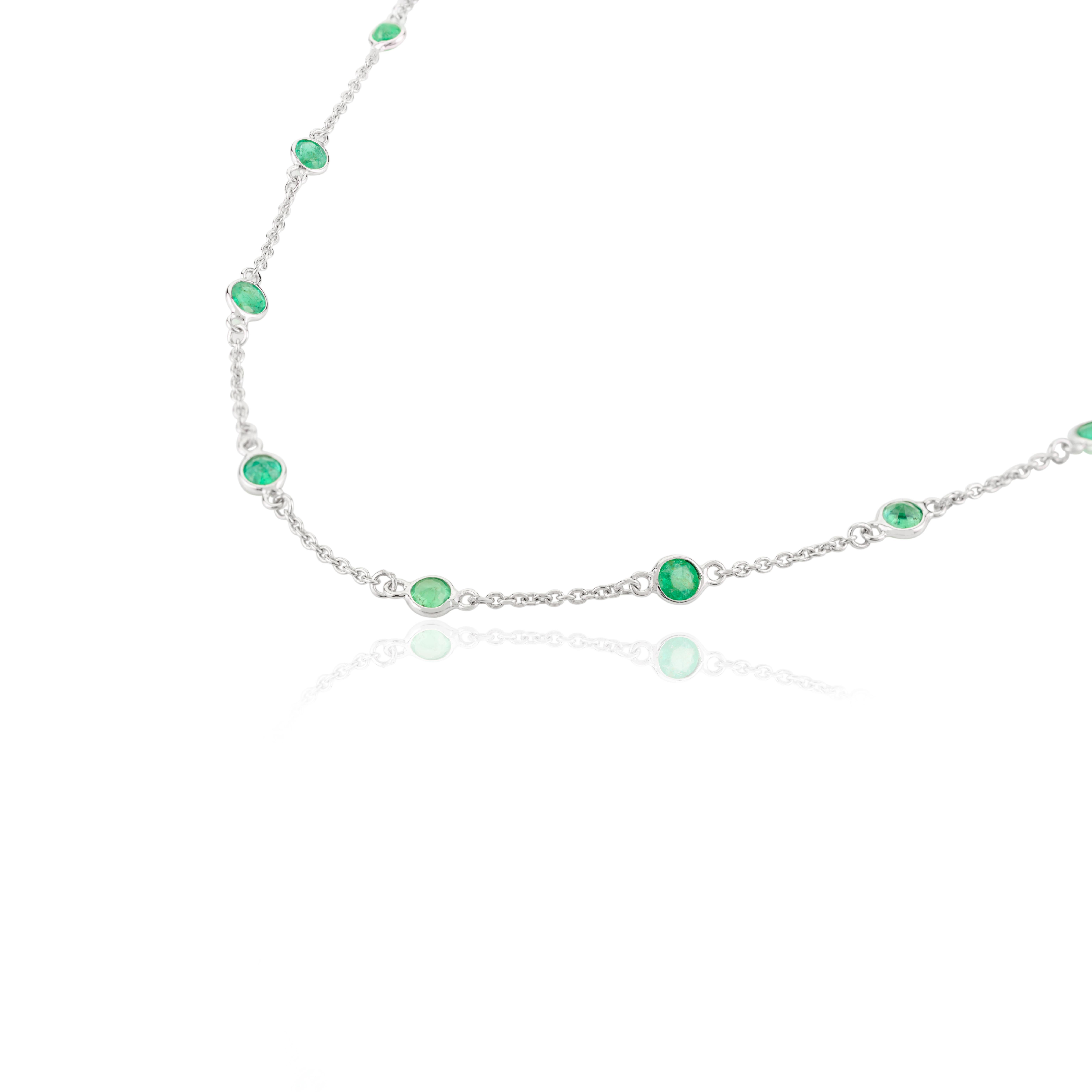 Women's Genuine Emerald Station Chain Necklace in 14k White Gold Gift for Girlfriend For Sale