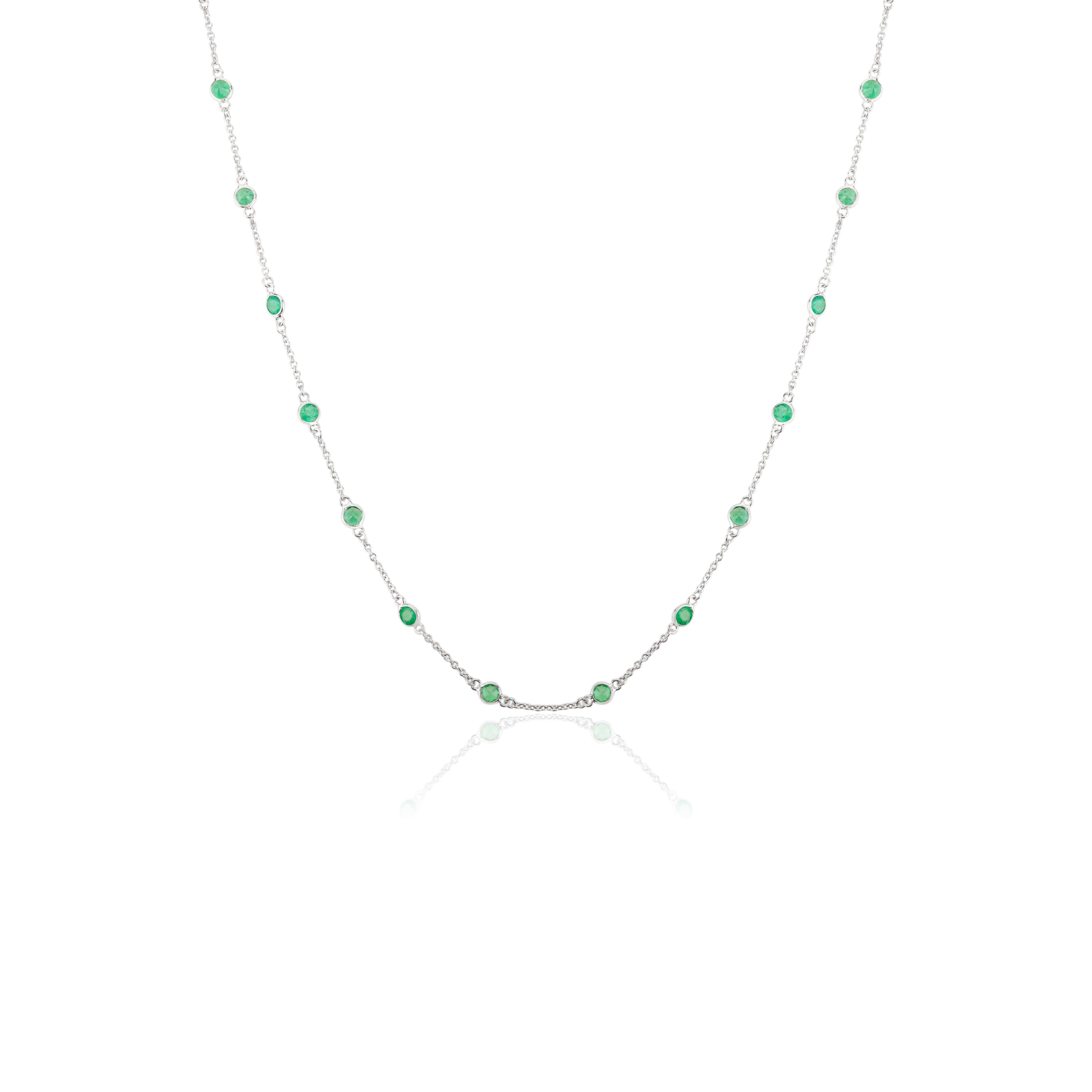 Genuine Emerald Station Chain Necklace in 14k White Gold Gift for Girlfriend For Sale 1
