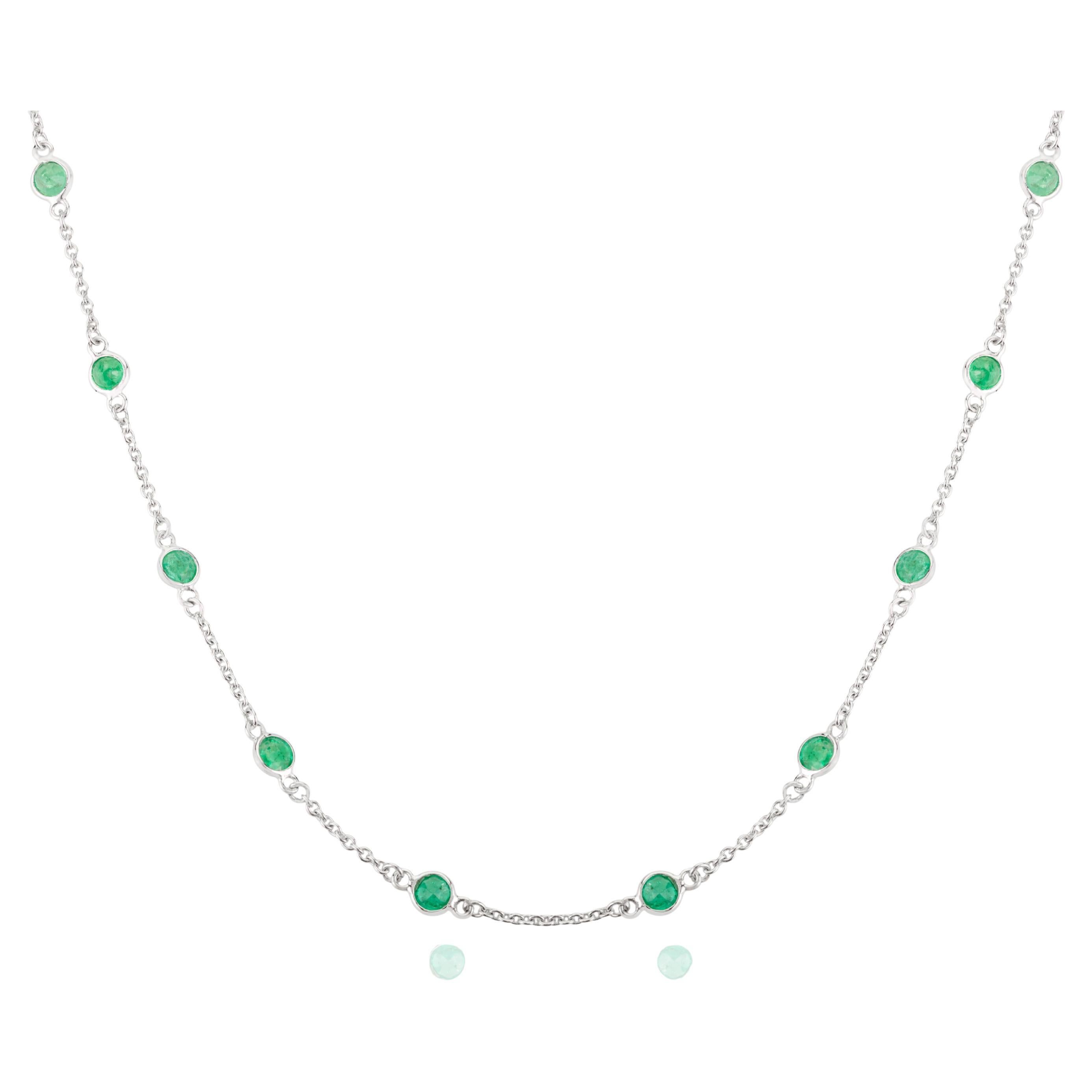 Genuine Emerald Station Chain Necklace in 14k White Gold Gift for Girlfriend