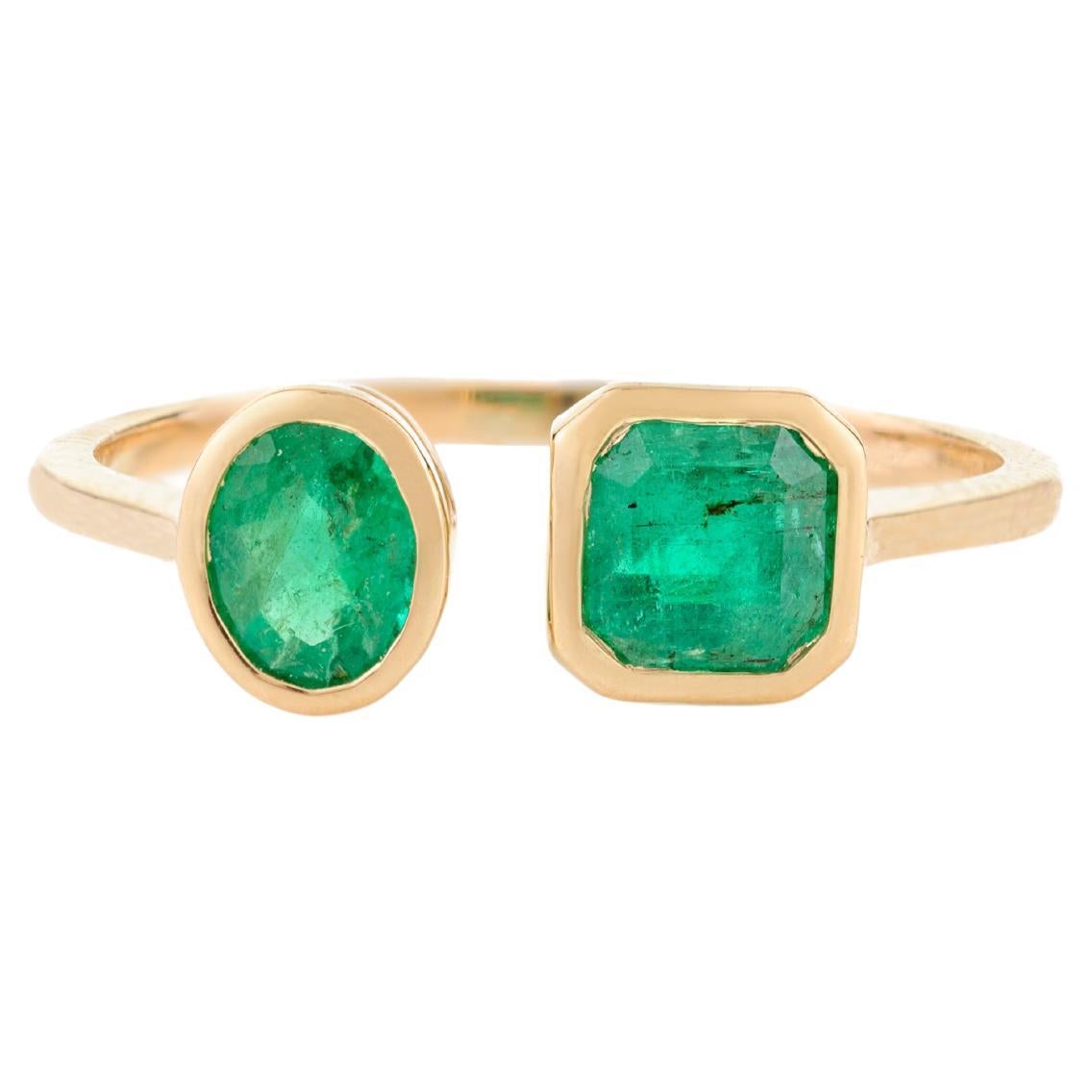 For Sale:  Genuine Emerald Two Stone Ring Christmas Gift for Women in 14k Solid Yellow Gold
