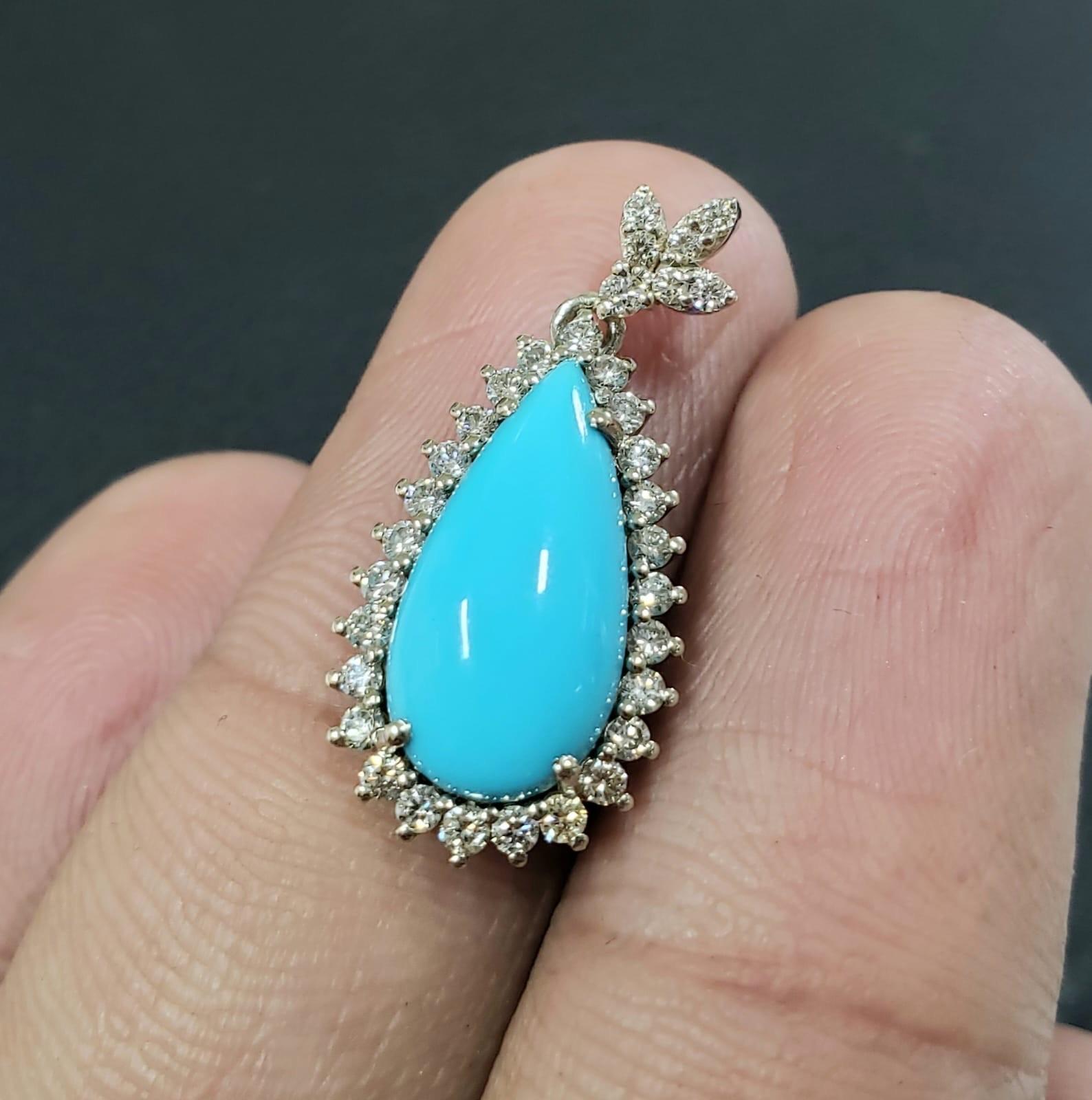 Echte Estate Dornröschen Türkis Diamanten Birne Weißgold Anhänger (Tropfenschliff) im Angebot