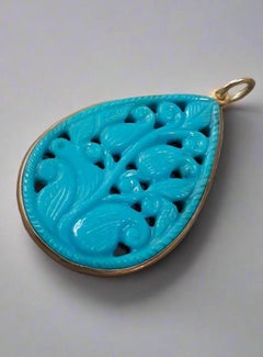 Genuine Estate Sleeping Beauty Turquoise Handcarved Gold Pendant