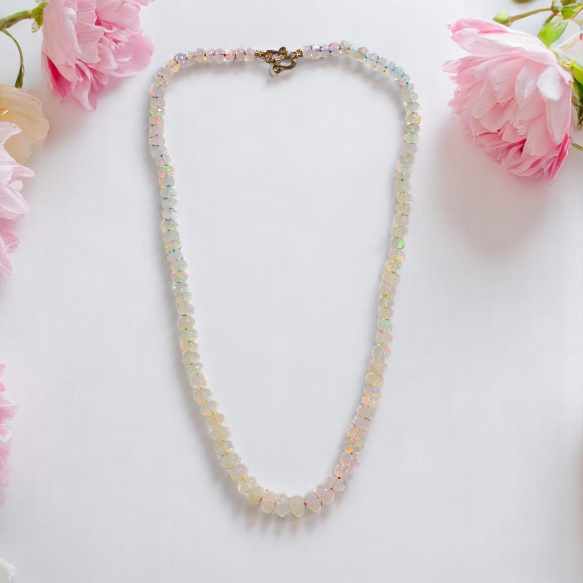Modern Genuine Rainbow Opal 18K Diamond Beaded Necklace For Sale