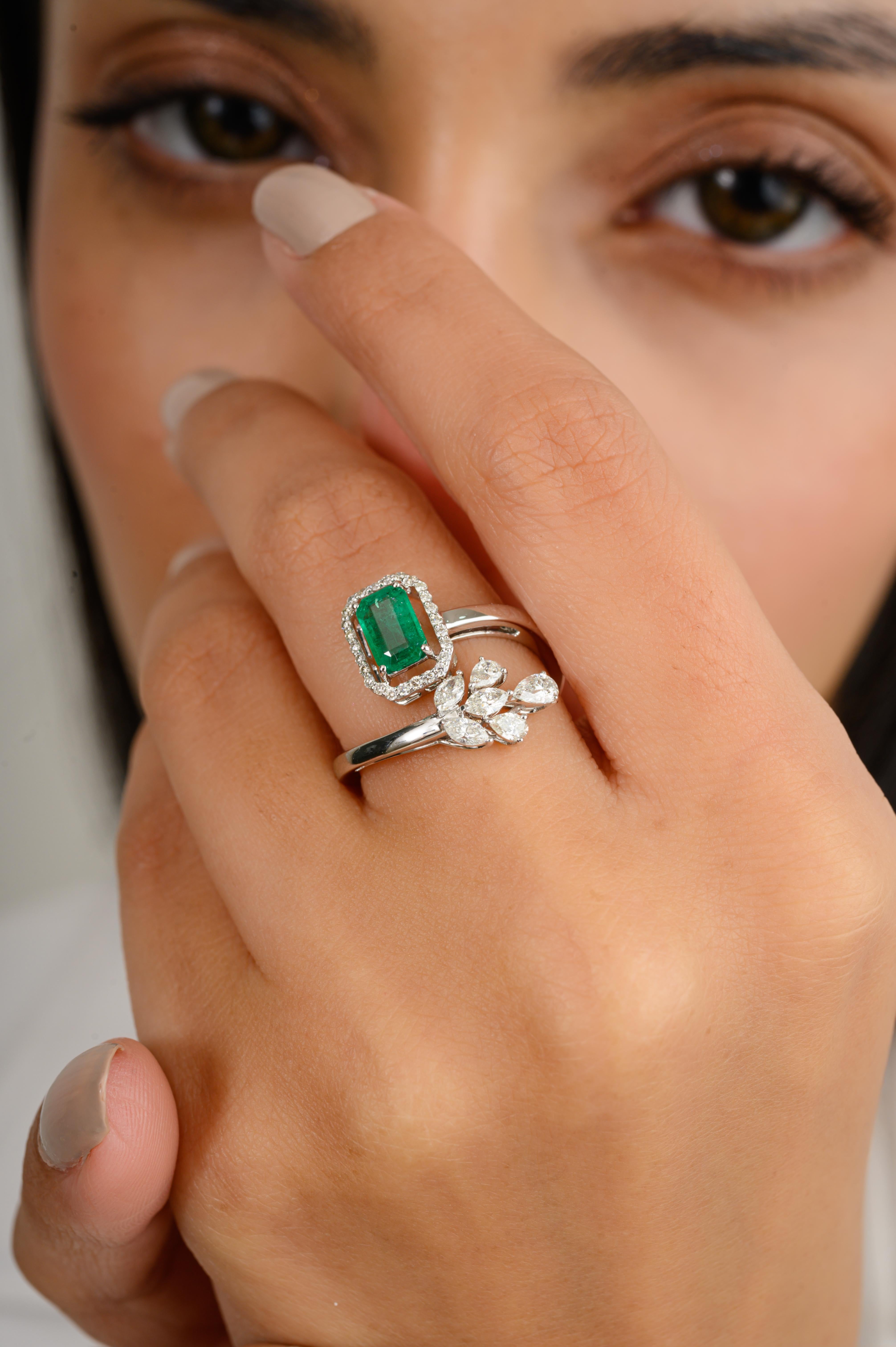 For Sale:  Genuine Fine Emerald Diamond Engagement Bypass Ring in 18k Solid White Gold 2