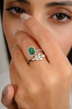 Genuine Fine Emerald Diamond Engagement Bypass Ring in 18k Solid White Gold