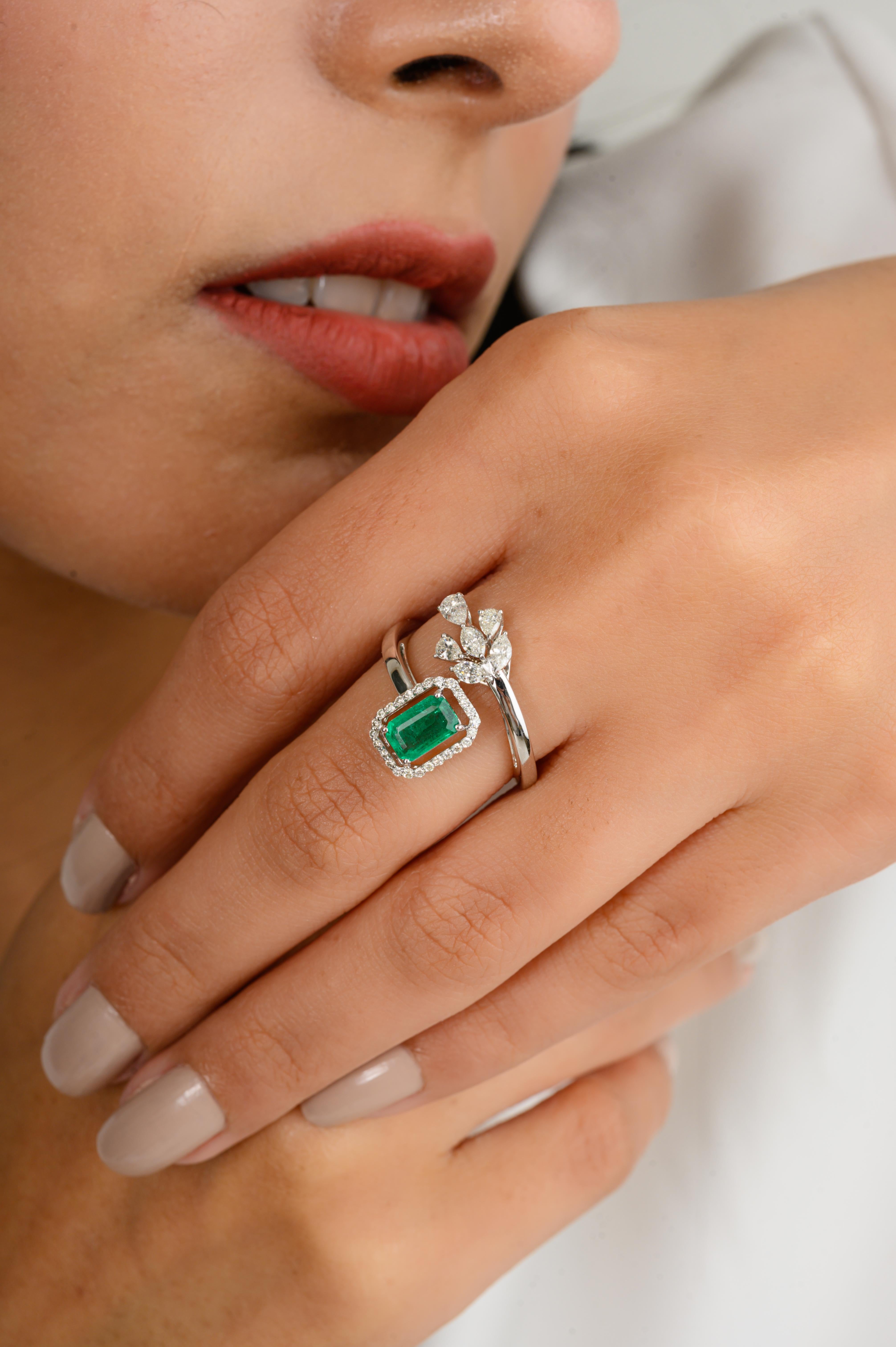 For Sale:  Genuine Fine Emerald Diamond Engagement Bypass Ring in 18k Solid White Gold 4