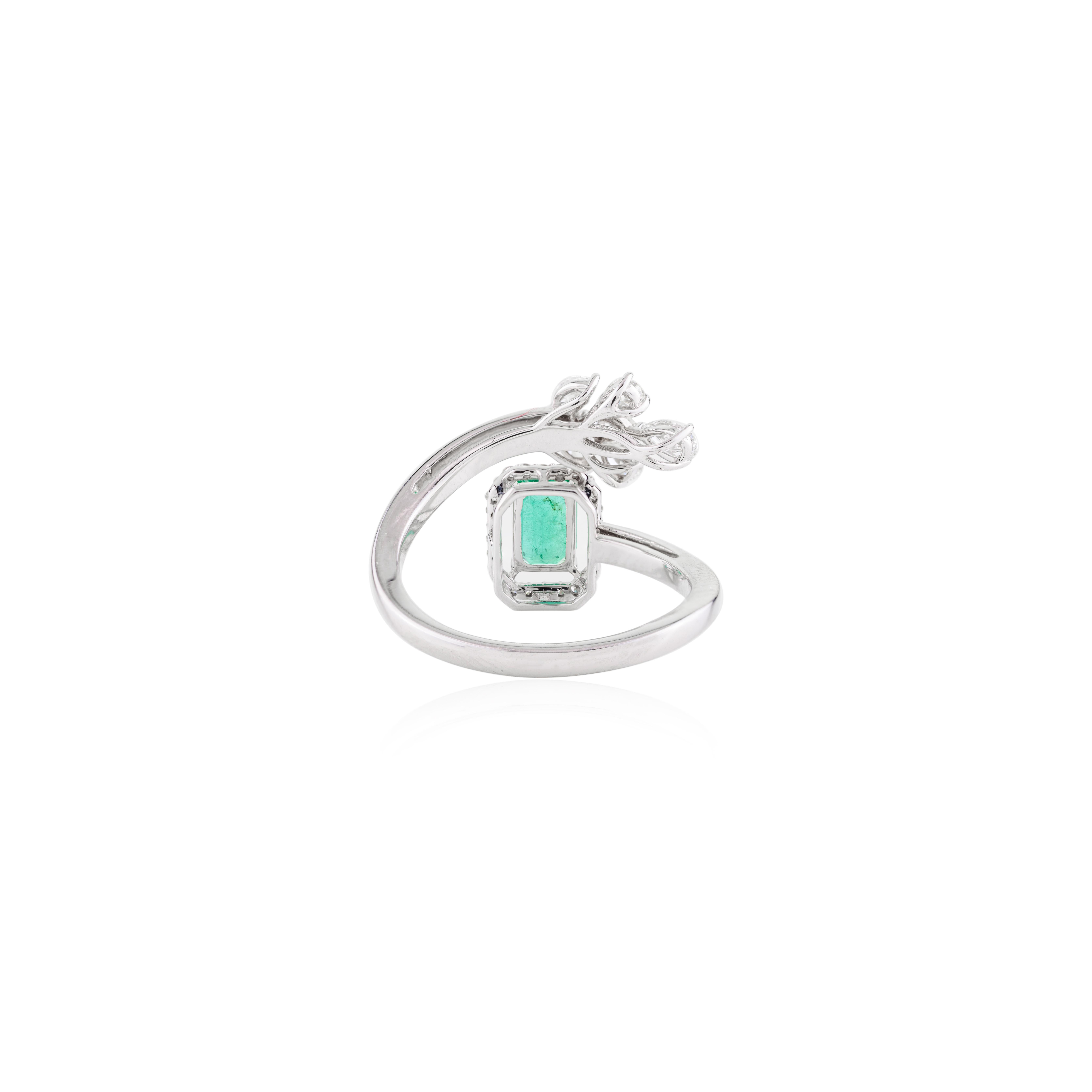 For Sale:  Genuine Fine Emerald Diamond Engagement Bypass Ring in 18k Solid White Gold 5
