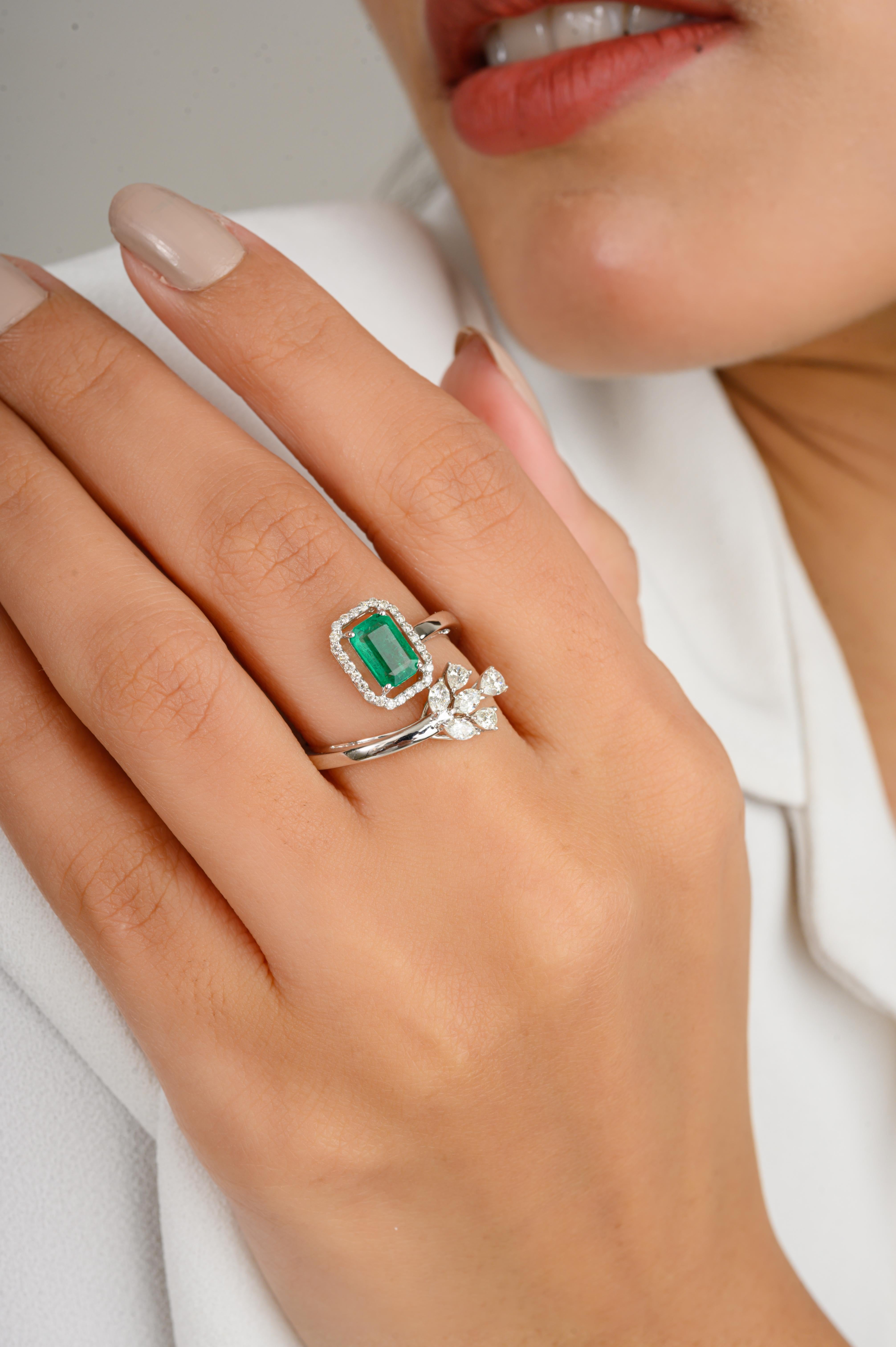 For Sale:  Genuine Fine Emerald Diamond Engagement Bypass Ring in 18k Solid White Gold 6