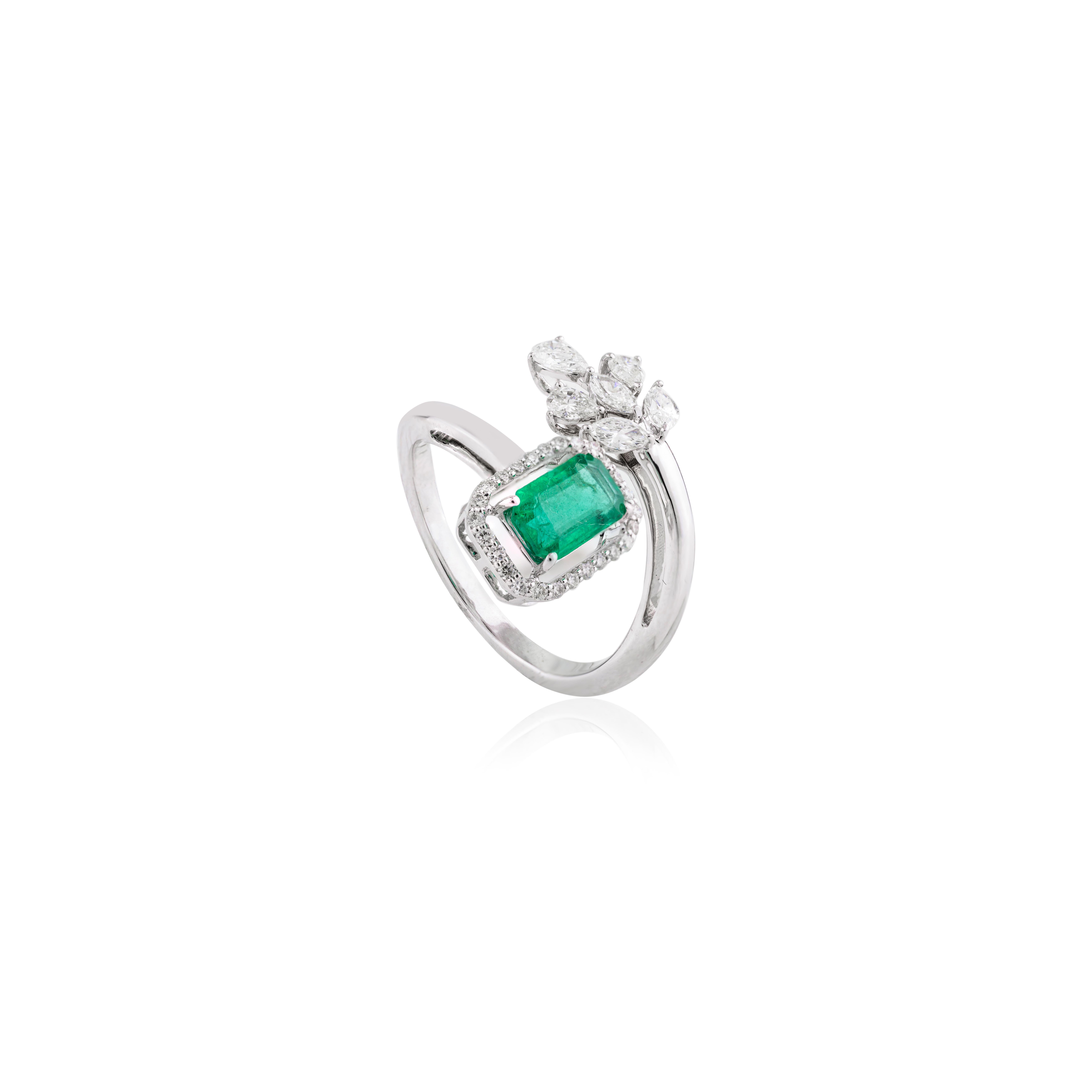 For Sale:  Genuine Fine Emerald Diamond Engagement Bypass Ring in 18k Solid White Gold 7